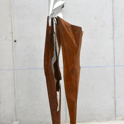 Sculpture abstraite contemporaine en acier corten et inox pour le jardin et l'interieur de l'artiste sculpteur francais julien allegre