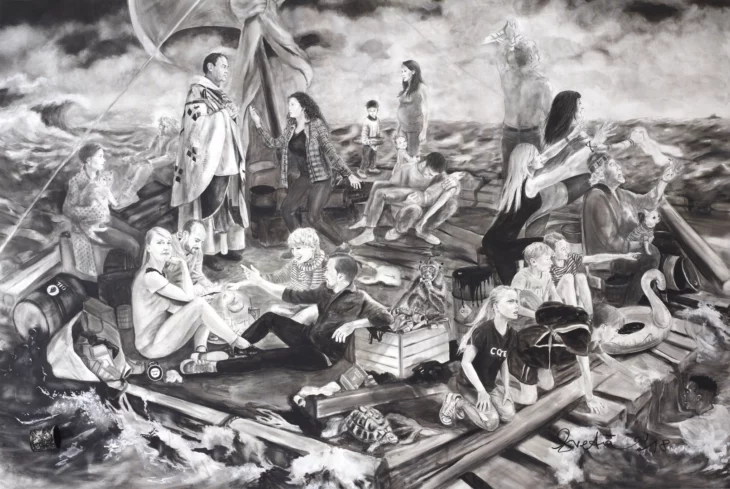 peinture figurative contemporaine en noir et blanc, dejeuner sur le radeau, de l'artiste peintre sveta marlier