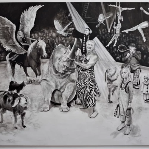 peinture figurative contemporaine en noir et blanc, le cirque, de l'artiste peintre sveta marlier