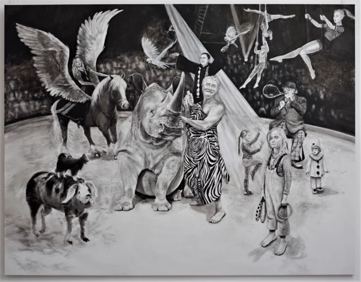 peinture figurative contemporaine en noir et blanc, le cirque, de l'artiste peintre sveta marlier