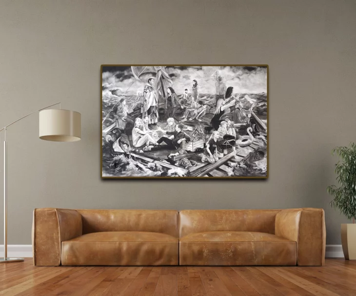 peinture figurative contemporaine en noir et blanc , déjeuner sur le radeau, de l'artiste peintre sveta marlier in situ