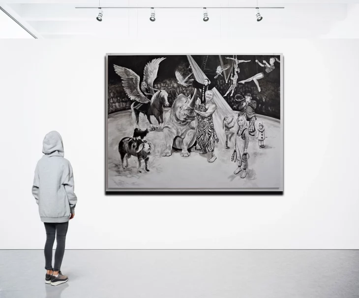 peinture figurative contemporaine en noir et blanc, le cirque, de l'artiste peintre sveta marlier in situ