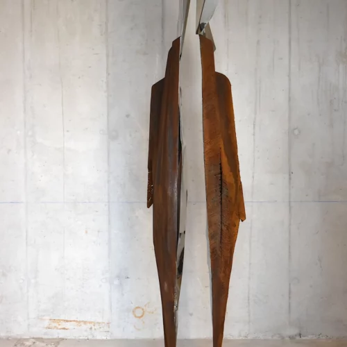 Sculpture abstraite contemporaine en acier corten et inox pour le jardin et l'interieur de l'artiste sculpteur francais julien allegre