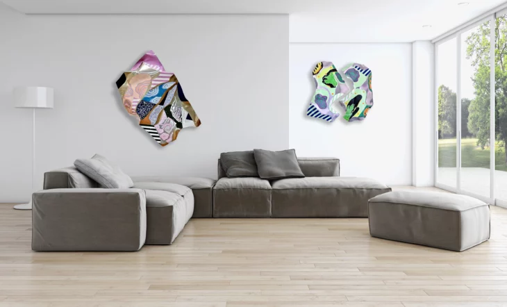 peinture colorée contemporaine ,peinte sur aluminium déformé par thoma ryse artiste francais