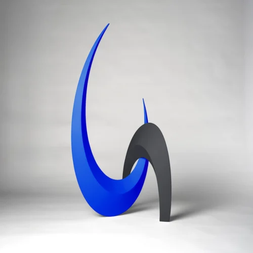 sulpture en acier peint noir et bleu le tripode, francis guerrier